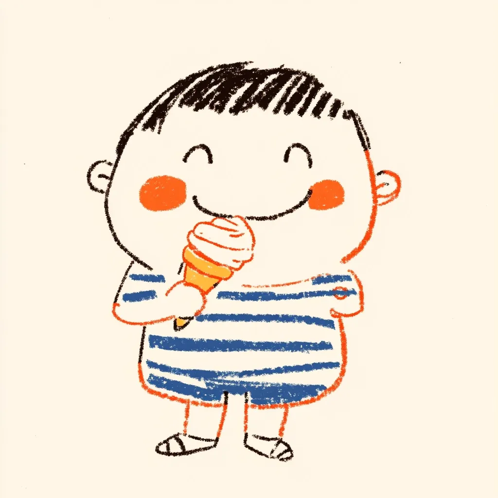 Here's a description of the image:

The illustration depicts a happy, chubby toddler in a blue and white horizontally striped shirt and shorts.  The child has short, dark hair and rosy cheeks, and is shown joyfully eating a soft-serve ice cream cone. The style is reminiscent of crayon or pastel drawings, with visible texture and slightly uneven lines, giving it a childlike and whimsical charm. The background is a plain, off-white color that further emphasizes the drawing.  The overall feeling is one of carefree summer joy.