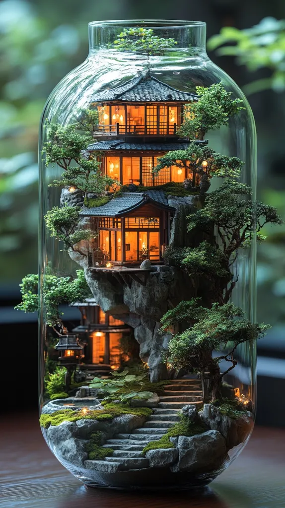 A large glass jar contains a meticulously crafted miniature landscape.  A multi-story, illuminated Japanese-style house sits perched on a rocky outcrop, surrounded by lush miniature trees and mossy stones.  A stone staircase leads down to a small pond or well, creating a complete, enchanting miniature world within the glass.  Soft lighting within the structure adds to the serene and captivating ambiance.