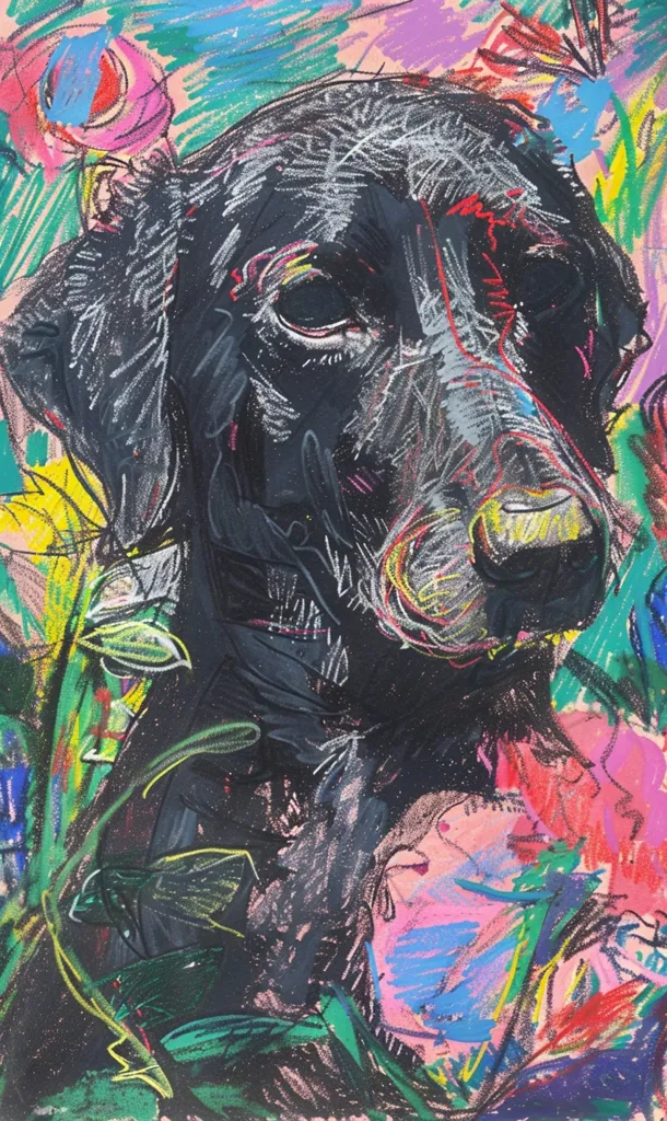 The artwork is an expressive portrait of a black dog, possibly a Labrador Retriever, rendered in a vibrant, abstract style.  The dog's head and shoulders are prominently featured, with the dark fur depicted using bold black and gray strokes.  Surrounding the dog is a chaotic yet colorful background of swirling lines, shapes, and flower-like forms in bright pinks, greens, blues, and yellows, creating a dynamic and energetic atmosphere. The artist utilizes a seemingly mixed-media approach, layering colors and textures to achieve a striking effect. The overall impression is one of bold energy and artistic freedom.