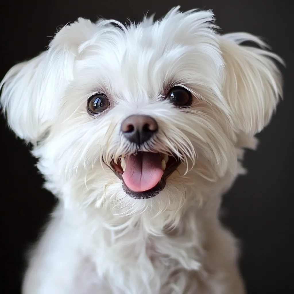 Here's a description of the image:

Close-up view of a Maltese dog.  Its fluffy white fur is prominent, framing a happy, open-mouthed expression revealing a pink tongue. The dog's dark eyes are large and expressive, contributing to its cheerful demeanor. The background is a dark, blurred, neutral tone that contrasts sharply with the dog's bright white fur, drawing focus to the subject. The image conveys a sense of warmth and affection.