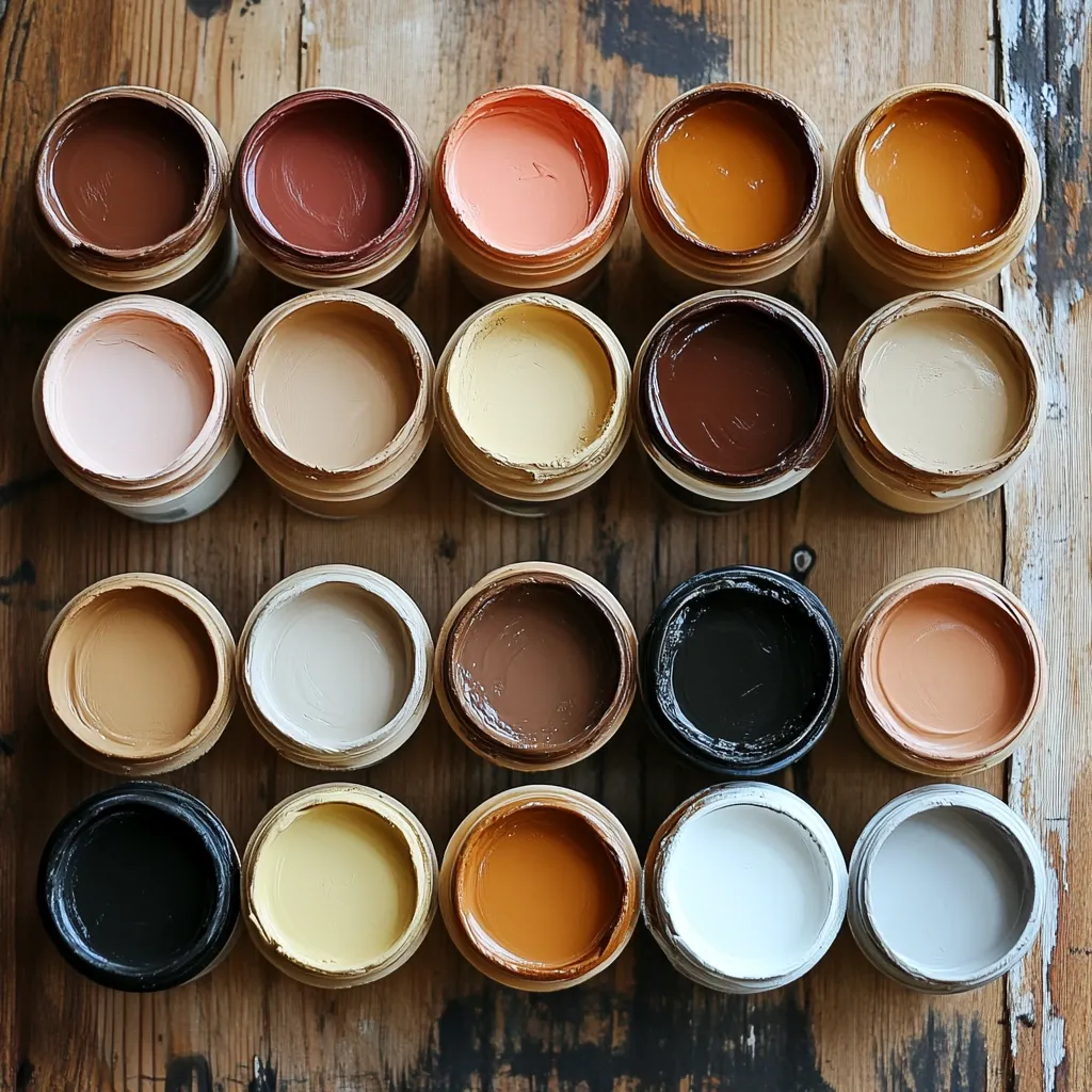 Here's a description of the image:

A rustic wooden surface displays twenty-four small paint cans arranged in a four-by-six grid.  Each can contains a different shade, ranging from light beige and off-white to deep browns, oranges, and even black.  The paint colors are earthy and muted, creating a palette of natural tones. The cans are neatly organized, highlighting the variety of the paint hues. The wooden background adds to the image's overall texture and warmth.
