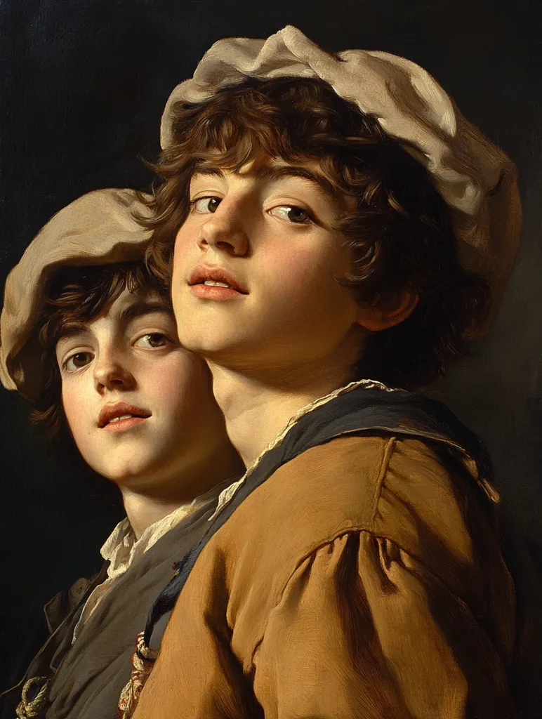This Baroque-style oil painting depicts two young boys in close proximity.  The boy in the foreground, wearing a tan, loose-fitting jacket and a white cap, has shoulder-length brown hair and a contemplative expression.  Behind him, a second boy, similarly capped, has a more neutral expression. Both boys appear to be dressed in simple, possibly peasant-style clothing. The dark background emphasizes the boys' faces and the rich textures of their garments. The painting's focus is on the soft light illuminating the boys' features and the subtle interplay of their gazes.