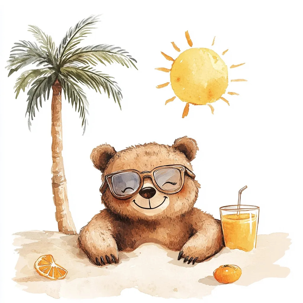 Here's a description of the image:

A watercolor illustration depicts a cheerful brown bear wearing sunglasses, relaxing on a sandy beach.  The bear is nestled in the sand, its paws visible. Next to it are slices of orange and a glass of orange juice with a straw. A palm tree stands behind the bear, and a simple sun is depicted in the upper right corner, completing the idyllic summer scene. The style is cute and whimsical.