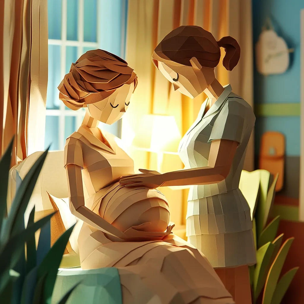 Here's a description of the image:

The image is a stylized paper craft scene depicting a pregnant woman being attended to by a nurse.  Both figures are crafted from folded paper, giving them a geometric, almost origami-like appearance. The pregnant woman sits on a bed, her hands resting gently on her large, visibly pregnant belly. The nurse, dressed in a pale blue uniform, places a hand supportively on the pregnant woman's belly.  Warm, soft lighting illuminates the scene, creating a peaceful and intimate atmosphere in a cozy, well-lit room. The overall style is delicate and serene.