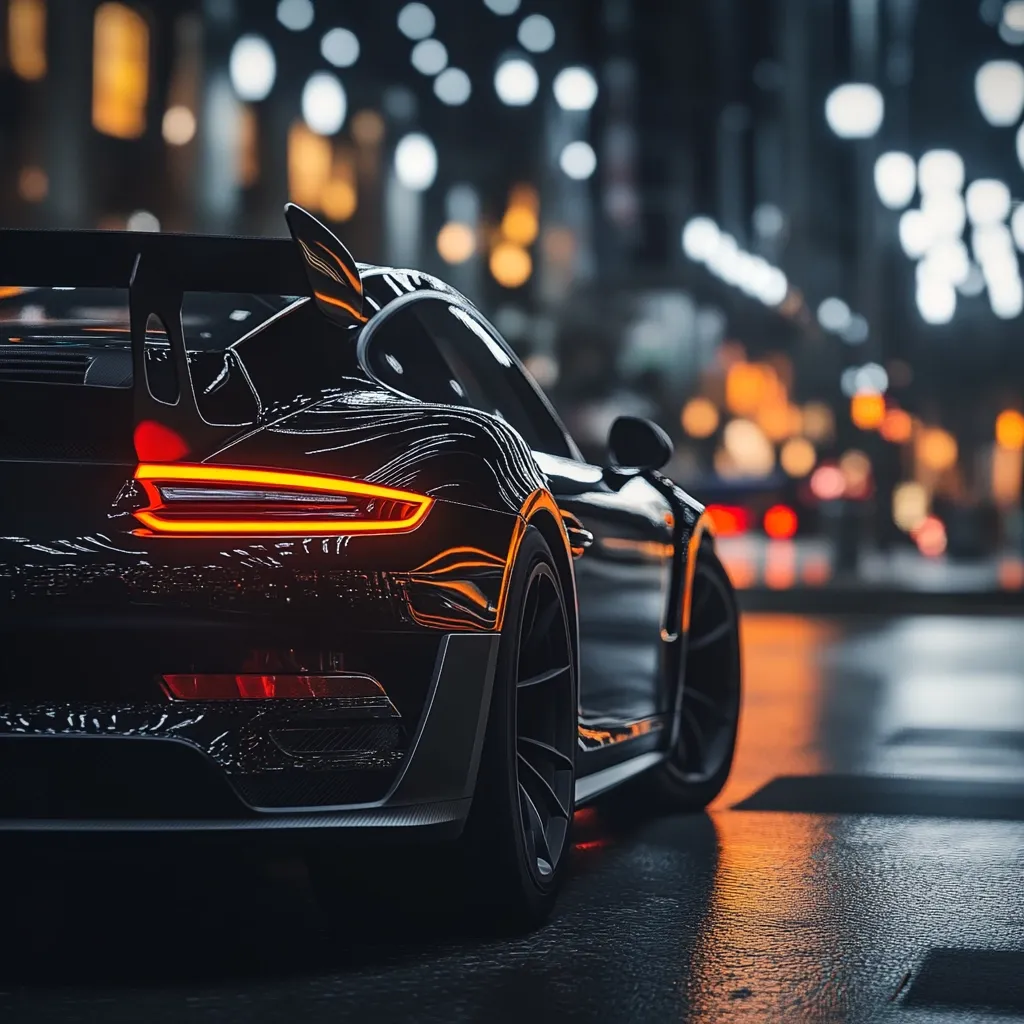 Here's a description of the image:

The photograph showcases the rear of a sleek, black sports car, possibly a Porsche 911 GT2 RS, parked on a city street at night. The car's taillights glow brightly, a vibrant orange contrast against the dark bodywork.  The background is blurred, creating a bokeh effect with warm-toned city lights, suggesting a bustling urban environment.  The wet asphalt reflects the car's lights and the surrounding city glow. The overall mood is one of sophisticated luxury and speed.