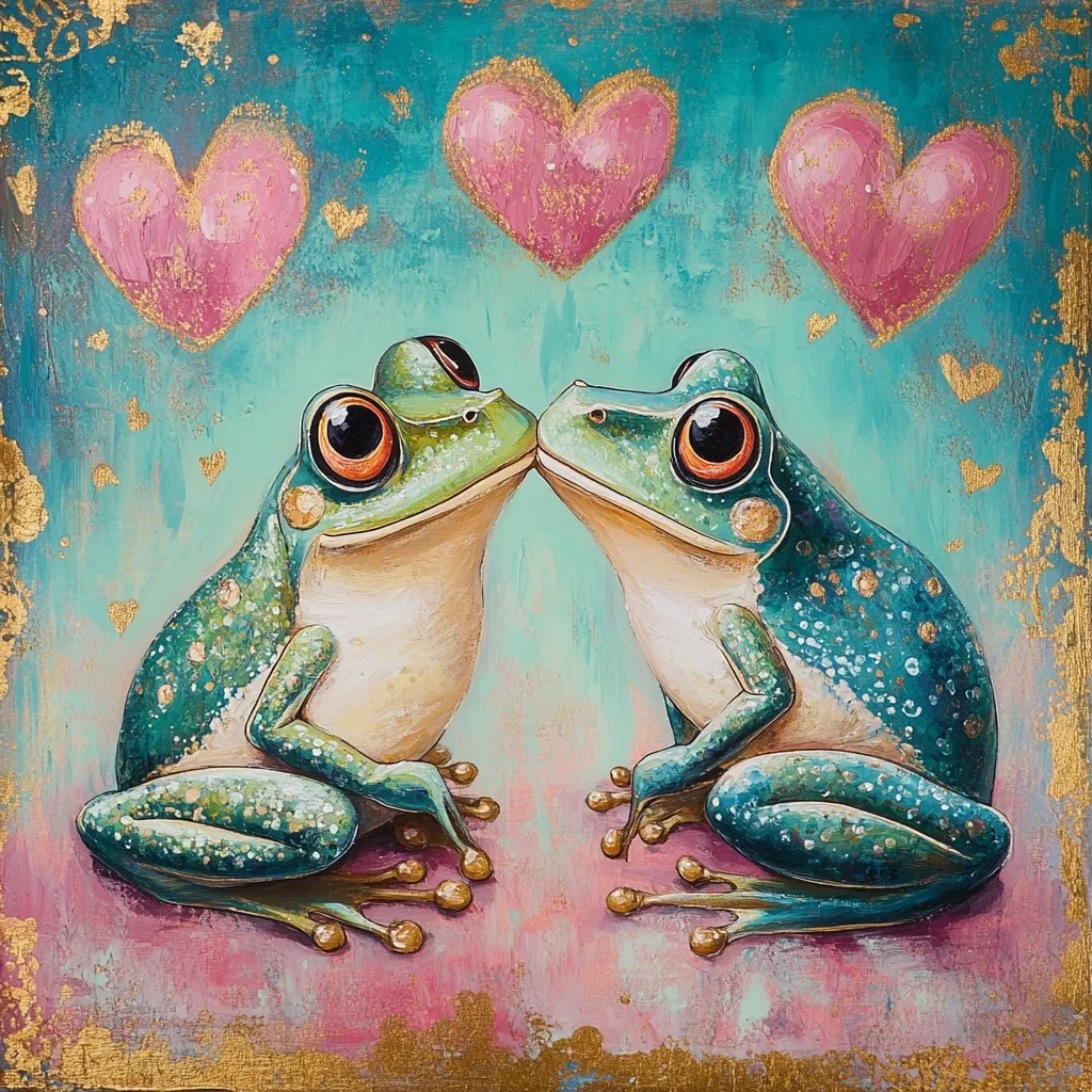 This painting depicts two frogs, lovingly facing each other, seemingly about to kiss.  They are teal and green with textured skin, and their large, expressive eyes are prominent.  The background is a light teal, speckled with gold accents and three pink hearts, symbolizing romance. The overall style is whimsical and romantic, possibly folk art or fantasy art. The painting uses a textured style, giving the frogs and background a slightly rough, artistic quality.  The pink base under the frogs complements the hearts and teal backdrop.