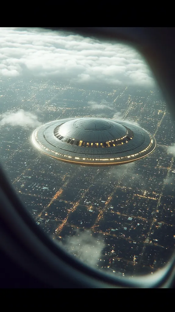 Here's a description of the image:

The image is a digitally created scene viewed from an airplane window. A large, metallic, saucer-shaped UFO hovers silently above a sprawling city at night. The city lights twinkle below, partially obscured by a layer of clouds. The UFO's surface is detailed, showing subtle textures and glowing lights along its rim. The overall mood is one of mystery and wonder, a captivating juxtaposition of the mundane (airplane travel, city lights) and the extraordinary (the UFO). The view is framed by the airplane's window, enhancing the perspective and sense of being a witness to an unusual event.
