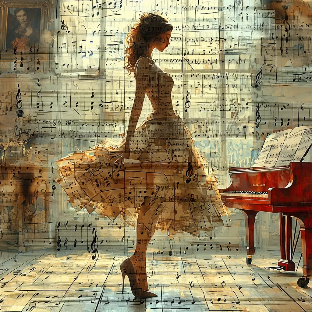 A painting depicts a woman in a flowing dress, partially translucent, seemingly composed of musical sheets.  She stands gracefully before a grand piano, also partially obscured by musical notation. The background is a collage of musical scores, creating a layered, dreamlike effect.  The overall aesthetic is romantic and evocative of music and artistry.  The woman's pose suggests a poised musician about to perform.