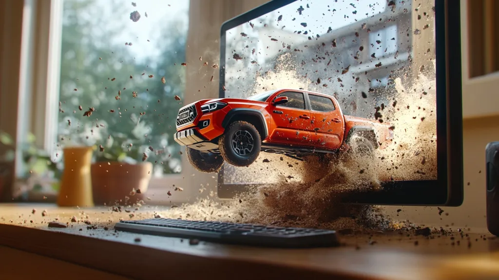 An orange Toyota Tacoma pickup truck bursts from a computer screen, showering the desk with dirt and debris.  The truck appears to be airborne, mid-jump, amidst a cloud of earth. The scene is dramatically lit, contrasting the vibrant truck with the muted background of a home office, with a keyboard partially obscured by the simulated explosion.  The image suggests a powerful, adventurous spirit juxtaposed with everyday domesticity.