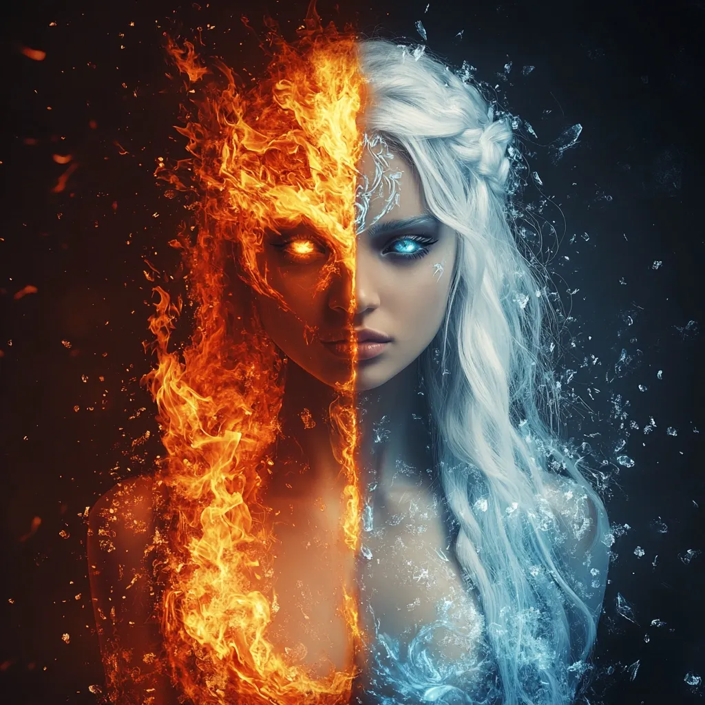 Here's a description of the image:

The image is a digital painting or rendering depicting a woman bisected into two contrasting halves.  One side is engulfed in vibrant, fiery orange and red flames, with glowing embers forming a fierce, almost demonic visage. The other half is frozen in icy blue, with crystalline shards and a serene, almost ethereal expression. Both sides share the same woman's face, showcasing opposing elements of beauty and power.  Her long, white hair flows down, mirroring the division. The overall effect is striking, suggesting a duality of nature or a powerful entity embodying both fire and ice.