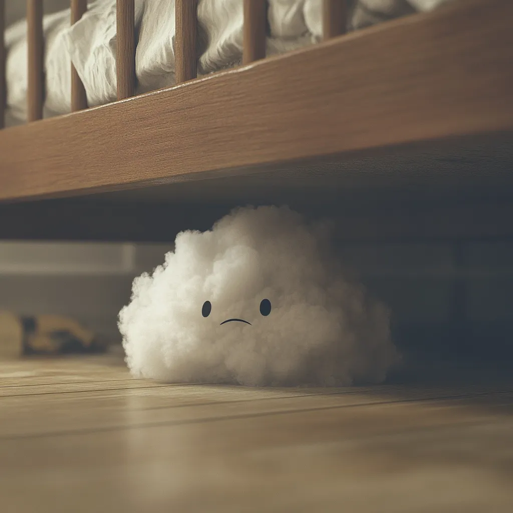 Here's a description of the image:

The image shows a fluffy, white cloud-like object with a simple, sad face drawn on it.  It's nestled under a wooden crib, partially hidden in the shadows. The cloud's sad expression and secluded position create a melancholic mood. The wooden floor and crib are warm toned, contrasting with the cloud's stark white. The overall feeling is one of loneliness and quiet sadness.