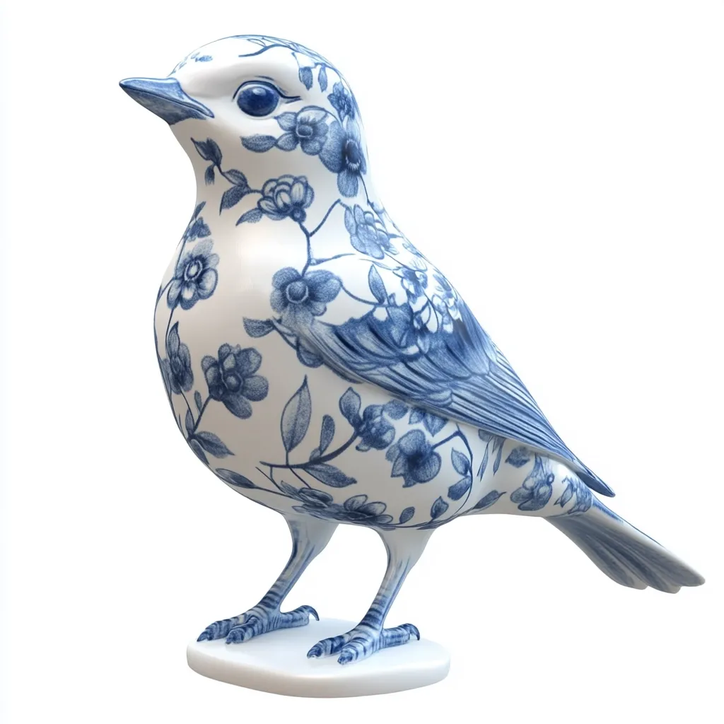 Here's a description of the image:

The image shows a porcelain bird figurine, rendered in a style reminiscent of blue and white Chinese porcelain. The bird is perched on a small, white base. Its body is covered in a delicate pattern of blue flowers and leaves on a white background.  The details are intricate, with individually rendered blossoms and leaves creating a flowing, ornate design. The bird's form is realistic, with carefully sculpted feathers and feet.  The overall effect is elegant and decorative.