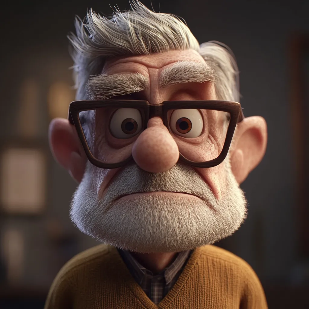 Here's a description of the image:

Close-up view of a digitally rendered elderly man, possibly a character from an animated film. He has a large nose, bushy gray eyebrows, and a full, gray beard. He's wearing thick-rimmed glasses and a mustard-yellow sweater. His expression is serious, almost somber, with slightly furrowed brows and a downturned mouth. The detail in the rendering is striking, with realistic-looking skin texture and hair. The background is blurry, drawing focus to the character's face.