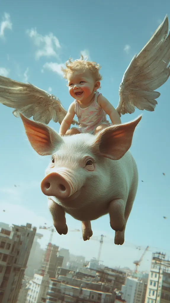 A whimsical digital artwork depicts a blonde toddler with angel wings perched atop a flying pig.  The pig, large and pale pink, soars above a cityscape under a bright, partly cloudy sky. The child, smiling radiantly, seems unfazed by their airborne adventure. The overall style is surreal and dreamlike, juxtaposing the fantastical elements with a mundane urban backdrop.  The image is highly saturated and softly lit, giving it a nostalgic, almost storybook quality.