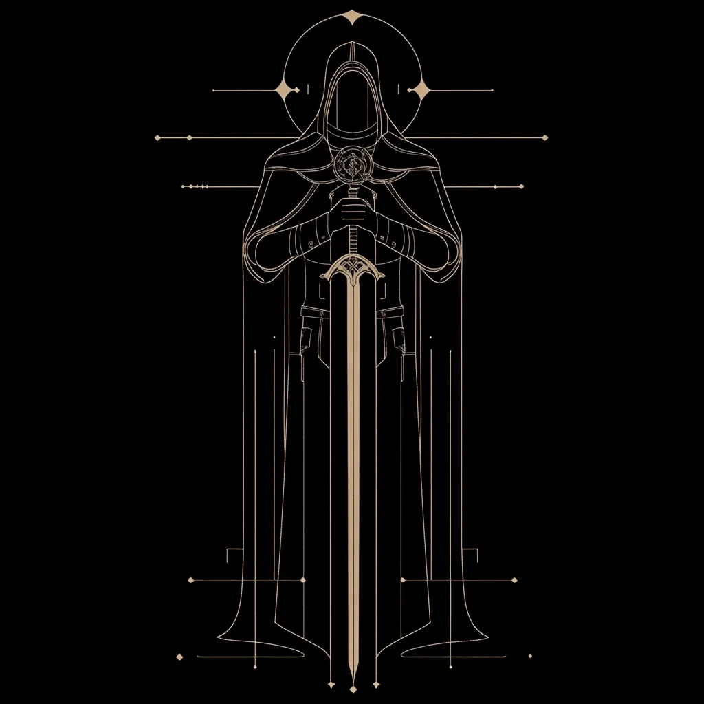 The image is a minimalist line drawing against a black background.  A cloaked figure, their face obscured by a hood, stands centrally, holding a long sword vertically with both hands.  The figure's attire suggests a medieval or fantasy setting. Delicate, geometric lines and small circles frame the figure, creating a sense of sacred or symbolic significance. The overall aesthetic is elegant and mysterious.