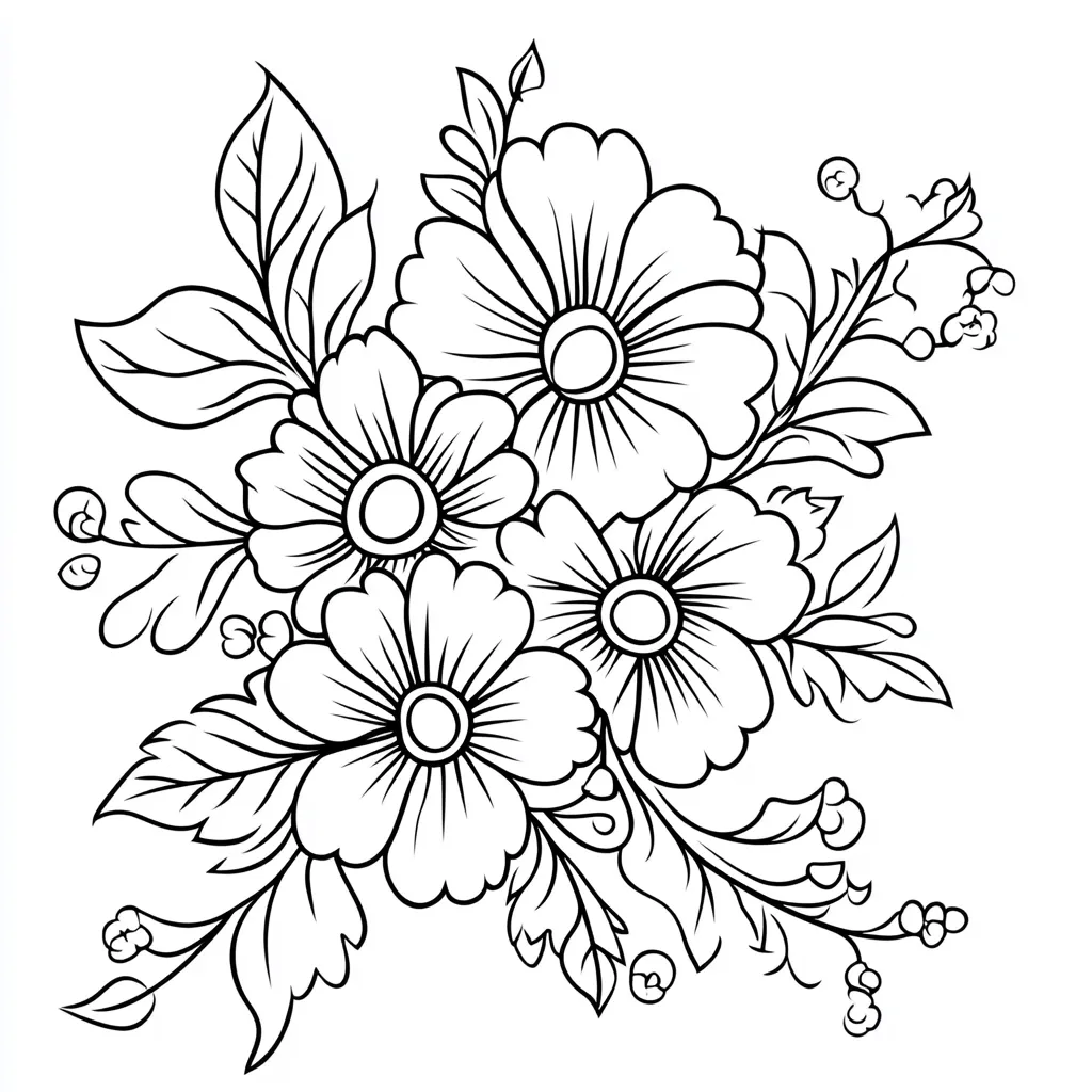 Here's a description of the image:

The image is a black and white line drawing of a floral bouquet.  The bouquet features several large, stylized flowers with multiple petals arranged around a central circle.  Smaller flowers and decorative leaves fill the spaces between the larger blooms.  Intricate details are present in the petals and leaves, suggesting a hand-drawn or carefully crafted digital design. The style is reminiscent of coloring book illustrations or ornate decorative art. The composition is dense, creating a full and lush floral arrangement.