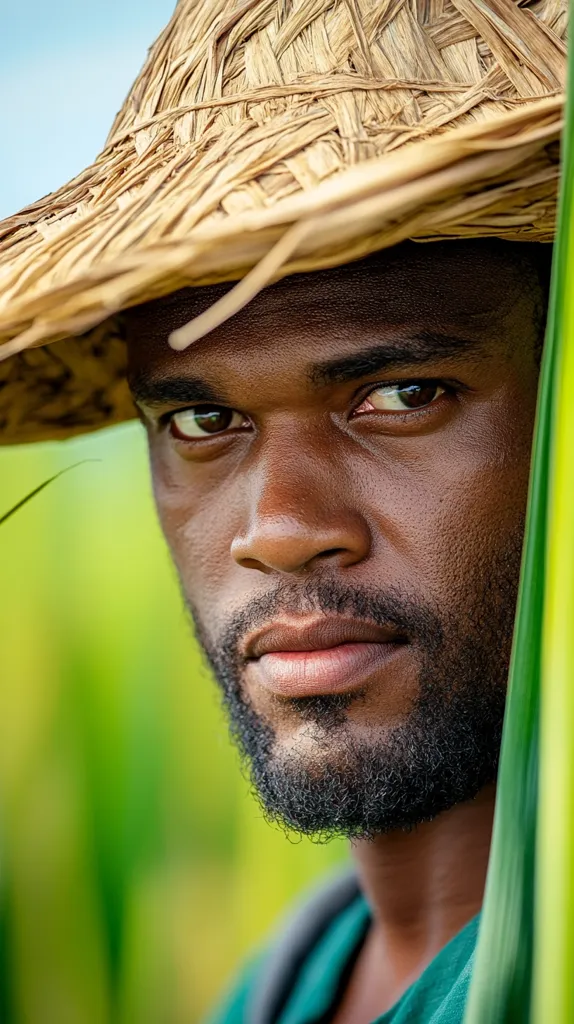 Close-up portrait of a dark-skinned man wearing a wide-brimmed straw hat. His face is partially shadowed, with intense eyes that gaze directly at the viewer.  He has a short, well-groomed beard and a serious expression. The background is blurred, showing a vibrant green field, suggesting a rural or agricultural setting. The image conveys a sense of strength and resilience.