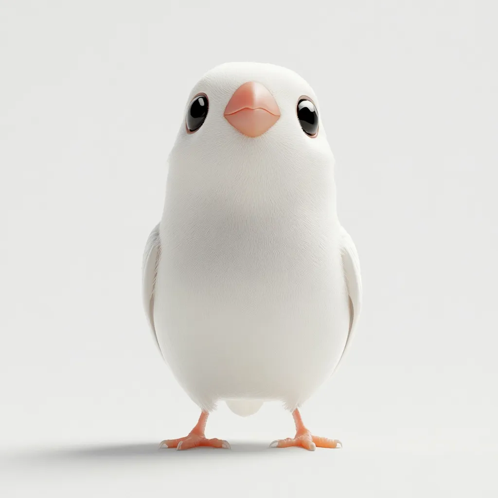 Here's a description of the image:

The image shows a digitally rendered, fluffy white bird.  It's depicted from a frontal, slightly low angle, against a plain white background.  The bird has large, dark eyes, a small, pale orange beak, and a round, plump body.  Its features are simplified and cartoonish, giving it an adorable, innocent appearance. The overall impression is one of sweetness and gentleness.