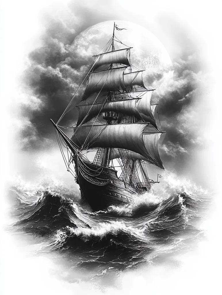 A majestic grayscale illustration depicts a large sailing ship navigating tumultuous waves under a dramatic sky.  The ship, with its billowing sails, is the focal point, powerfully cutting through the churning ocean. A large, bright moon hangs in the cloudy sky above, adding to the scene's intensity and creating a sense of both peril and grandeur. The artist’s skillful rendering of the water's texture and the ship's detail captures a moment of dramatic seafaring.