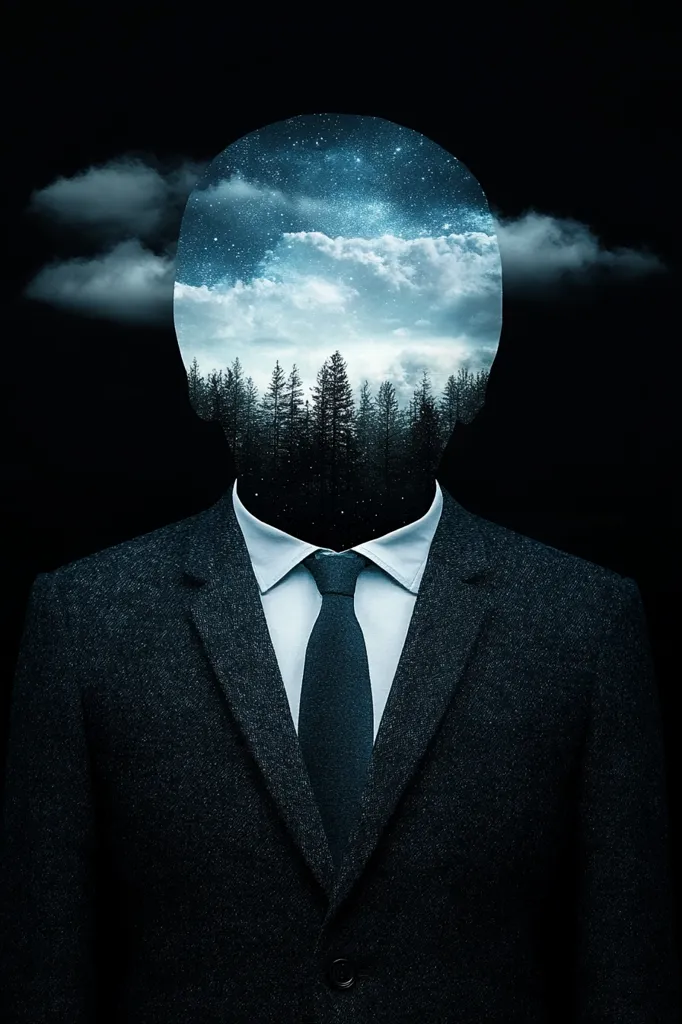 The image presents a surreal portrait of a man in a dark suit.  His head is replaced by a circular landscape featuring a nighttime scene of a forest under a starry sky with clouds. The contrast between the formal attire and the dreamlike, natural imagery within the head creates a striking visual juxtaposition. The overall mood is dark, mysterious, and contemplative, suggesting a hidden inner world or a disconnect between outward appearance and inner reality.