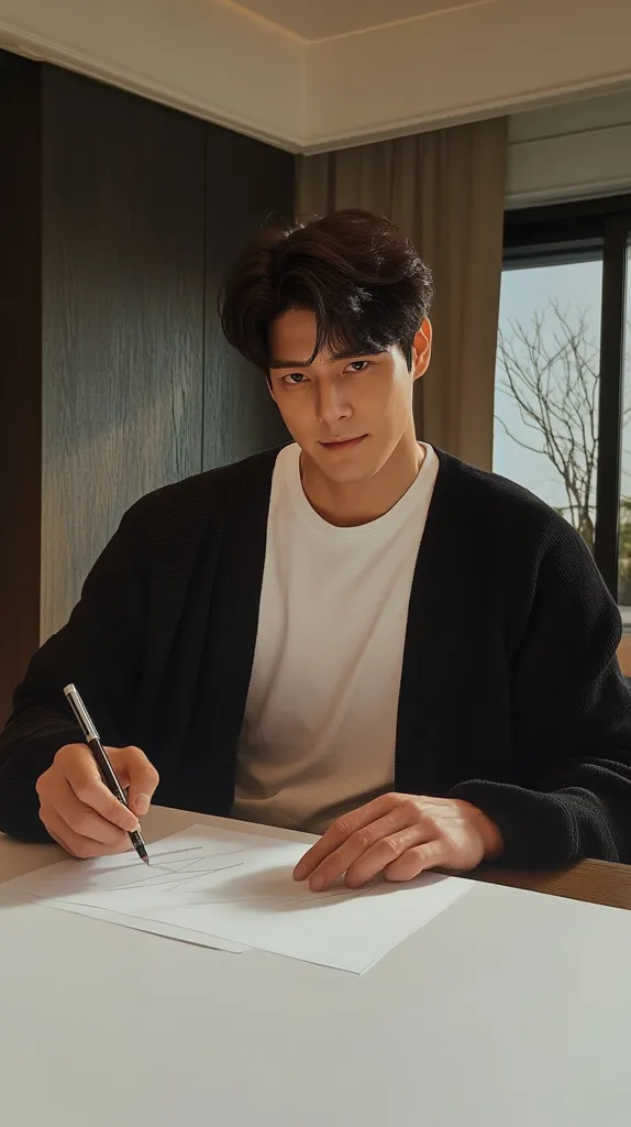 A young man with dark hair sits at a light-colored table, pen in hand, writing on a sheet of white paper. He's dressed in a black cardigan over a white t-shirt. His expression is serious and focused. The setting is a well-lit, modern interior with beige curtains and a dark wood accent wall visible in the background. Natural light streams in from a window, revealing a glimpse of a tree-lined landscape beyond. The overall atmosphere is one of calm concentration.