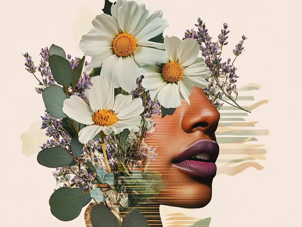 Here's a description of the image:

A digital collage features a profile of a woman's face, partially obscured by a vibrant bouquet of white cosmos flowers, lavender sprigs, and eucalyptus leaves.  The woman's skin is rich brown, and she wears deep purple lipstick.  The floral arrangement creates a crown-like effect, blending seamlessly with the face, creating a surreal, harmonious image. The background is a muted beige with subtle, abstract strokes of peach and green, adding depth and texture to the piece. The overall style is modern and artistic, blending elements of nature and portraiture.
