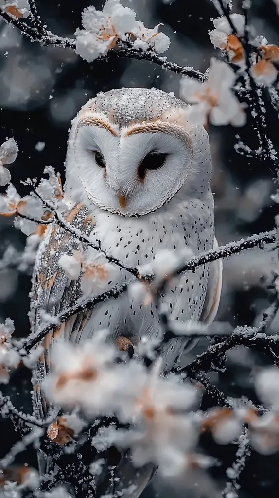 A barn owl, dusted with snow, sits serenely amidst a snow-covered flowering branch.  Its large, dark eyes gaze pensively.  The delicate white blossoms contrast beautifully with the owl's speckled plumage and the dark, wintry background.  A sense of quiet peace and natural beauty permeates the image, capturing a fleeting moment of winter tranquility.