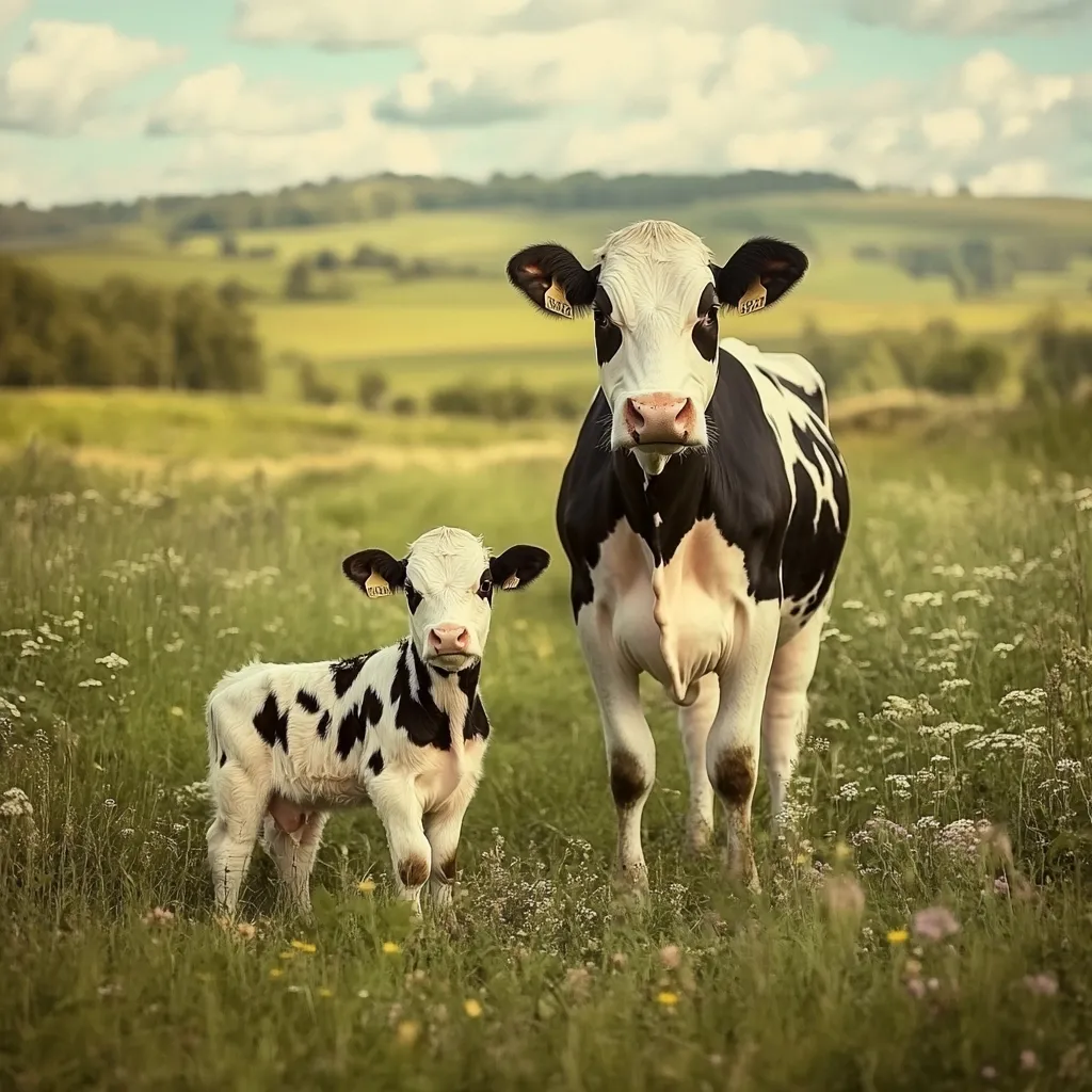 A black and white cow and her calf stand in a lush green field, wildflowers scattered at their feet.  The adult cow, larger and more imposing, gazes directly at the viewer. The calf, smaller and more delicate, stands slightly behind its mother.  Both cows wear yellow ear tags. The rolling green hills of the countryside form a peaceful backdrop under a partly cloudy sky. The overall scene evokes a feeling of rural tranquility and the beauty of nature.