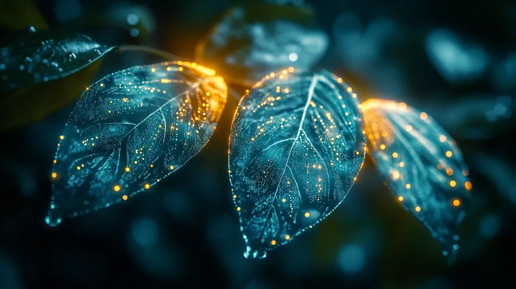 The image showcases three leaves, seemingly translucent, outlined by a network of glowing teal and amber dots.  The dark background accentuates the luminescence, creating a mystical, almost otherworldly effect. The leaves' veins are highlighted by the light, giving them a digital, almost holographic appearance.  The overall mood is one of serene mystery and technological advancement intertwined with nature.