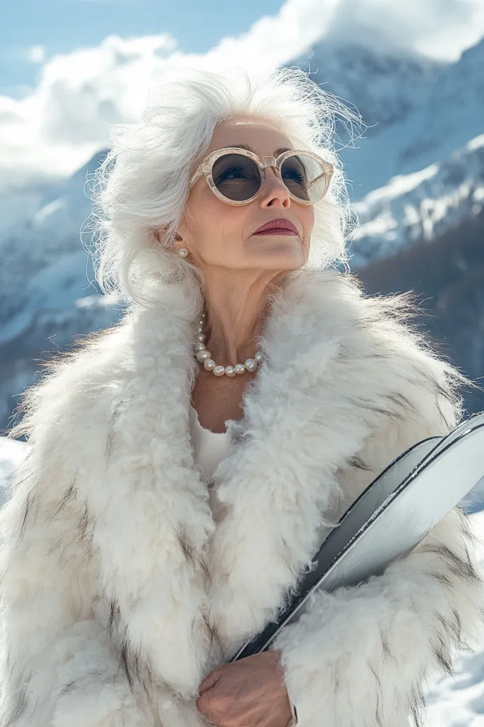 Here is a description of the image in 100 words:

An elegant older woman with short, voluminous white hair,  wears stylish, light-brown cat-eye sunglasses. She is dressed in a luxurious, fluffy white fur coat and a pearl necklace. She holds a pair of skis, suggesting a snowy, mountainous setting. The background is a blurred vista of snow-covered mountains under a bright, slightly cloudy sky. Her expression is serene and confident, gazing upwards. The overall impression is one of sophistication and a luxurious winter lifestyle.  The image suggests a scene from a fashion campaign or film.