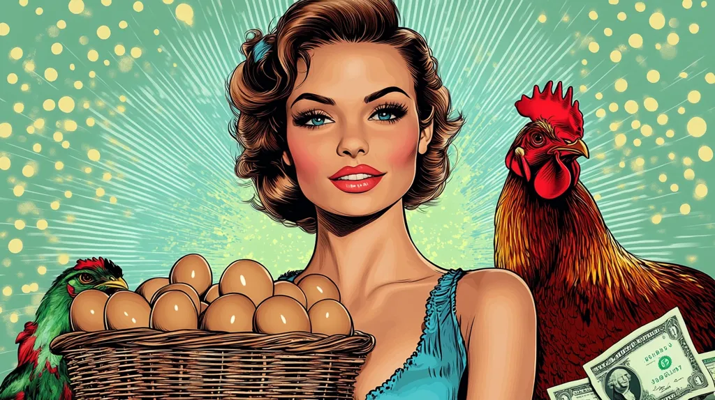 A stylized, pin-up style illustration features a glamorous woman holding a basket of eggs.  A rooster stands to her right, and a smaller, green bird is partially visible to her left.  A one-dollar bill is partially seen near the rooster. The background is a teal color with a burst effect radiating from the center. The overall style is reminiscent of vintage comic book art or advertising. The image suggests themes of agriculture, prosperity, and perhaps even a bit of irony or humor.