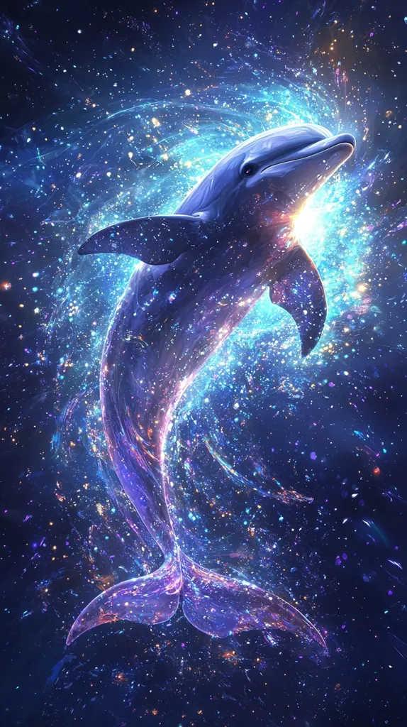 The image depicts a dolphin leaping through a swirling, cosmic sea.  Its body is translucent, revealing a vibrant, star-like energy within.  Blues, purples, and hints of orange shimmer around it, creating a magical, ethereal atmosphere.  The dolphin appears joyful and free, seemingly made of starlight itself, against a dark, sparkling background.  The overall effect is one of wonder and otherworldly beauty.