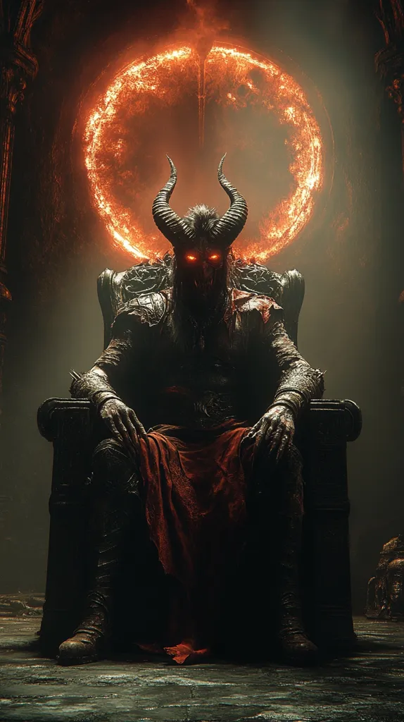 Here's a description of the image:

The image depicts a demonic figure, crowned with large, curved horns, seated majestically on a dark, ornate throne.  The demon's eyes glow with an infernal orange light, contrasting against its dark, textured armor.  A fiery orange ring, resembling a blazing halo, hangs behind the throne, adding to the otherworldly atmosphere. The demon's posture is imposing, its hands resting on the armrests, and it wears a dark, flowing robe with hints of crimson. The overall setting is dark and foreboding, emphasizing the figure's power and malevolence.  The scene evokes a feeling of immense power and dark fantasy.