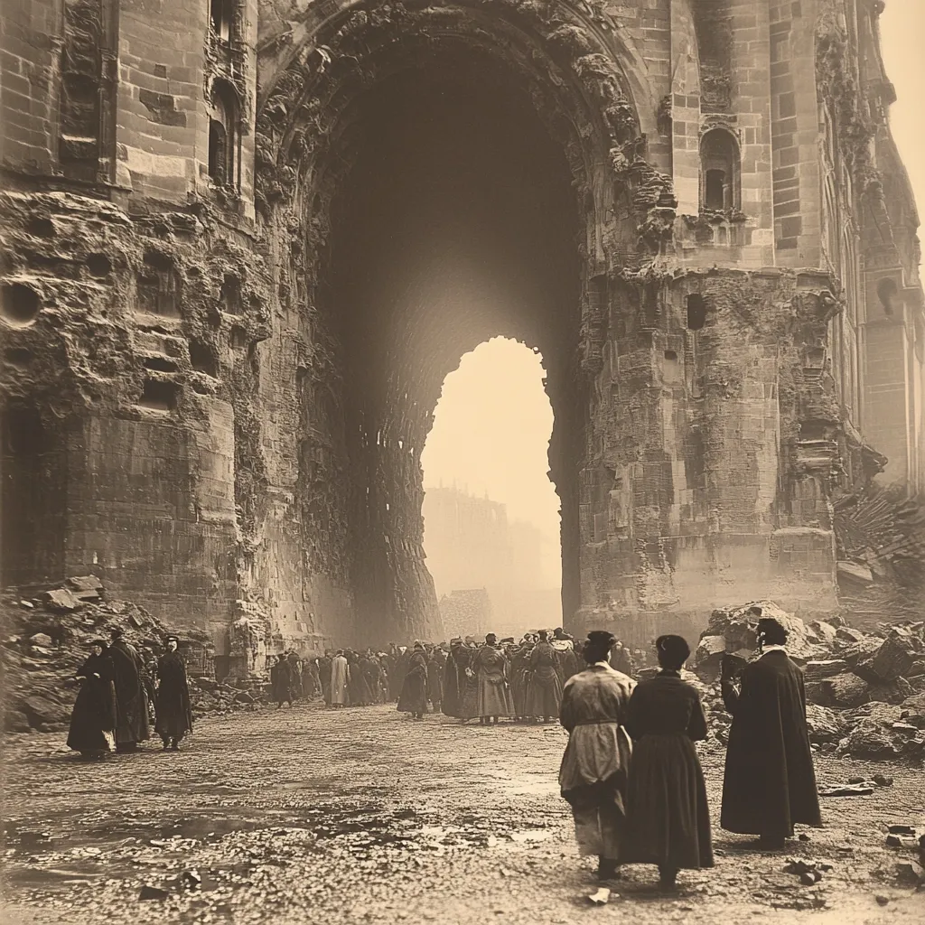 Here is a description of the image:

The sepia-toned photograph depicts the aftermath of destruction, likely from a war. A large, imposing archway, part of a ruined stone structure, dominates the foreground.  The arch frames a hazy, distant view of more buildings.  A group of people, dressed in dark, somber clothing, stand in the muddy path leading through the arch. Their postures suggest a mixture of observation and contemplation. The scale of the ruins is emphasized by the relatively small size of the figures, highlighting the devastation. The overall mood is one of solemn reflection amid significant loss.