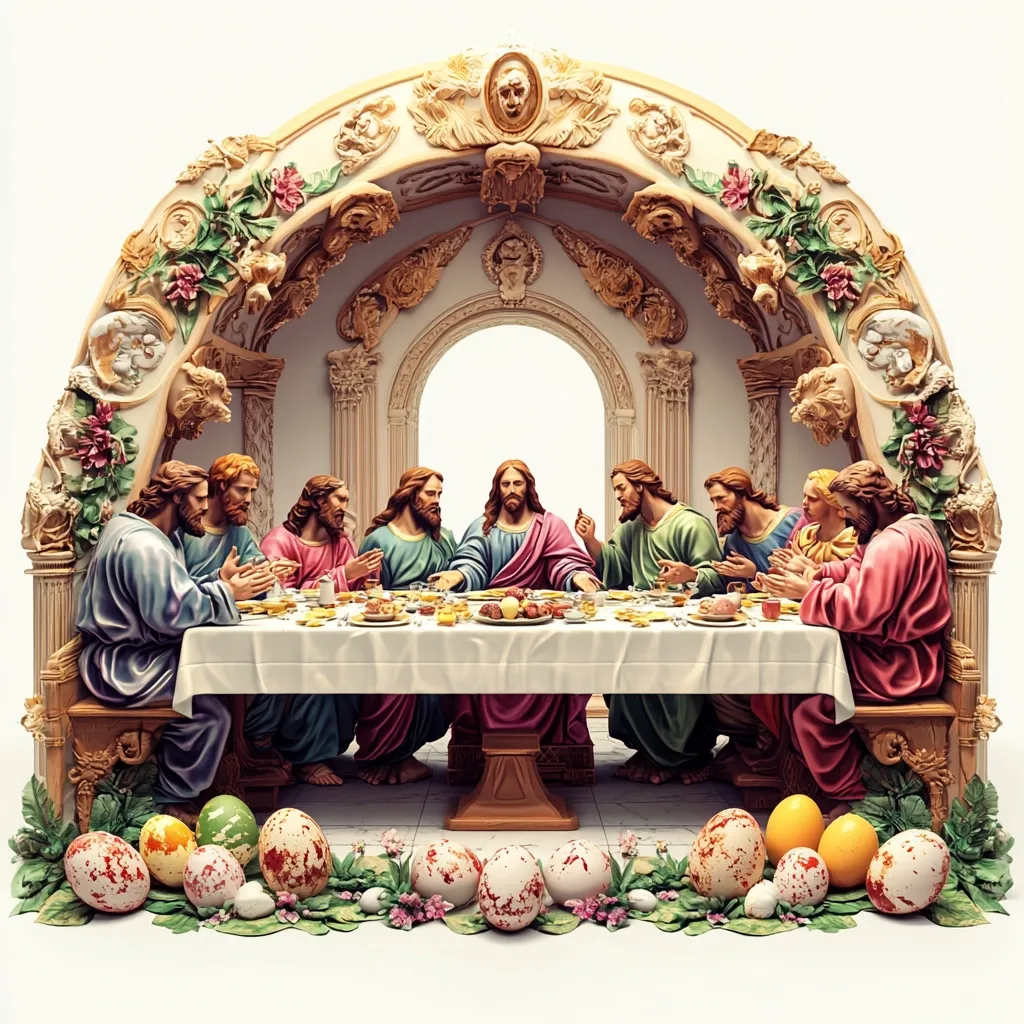 Here's a description of the image:

A meticulously detailed depiction of the Last Supper is presented, framed by an ornate, arched structure adorned with floral motifs and cherubic figures.  The figures of Jesus and his twelve apostles are realistically rendered in vibrant colors, seated around a long, draped table laden with food.  The setting evokes a classical, possibly Roman, architectural style. At the base, a border of intricately decorated Easter eggs adds a unique, contrasting element, suggesting a fusion of religious and seasonal themes. The overall effect is one of rich detail and striking juxtaposition.