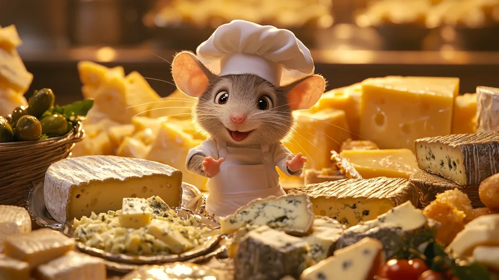 A charming cartoon mouse, wearing a chef's hat and apron, beams amidst a delectable array of cheeses.  Various types of cheese, from creamy camembert to sharp cheddar and pungent blue cheese, are artfully arranged.  A basket of olives sits nearby, adding to the rich, gourmet scene. The overall image is warm and inviting, with a focus on the mouse's cheerful expression and the abundance of cheese.
