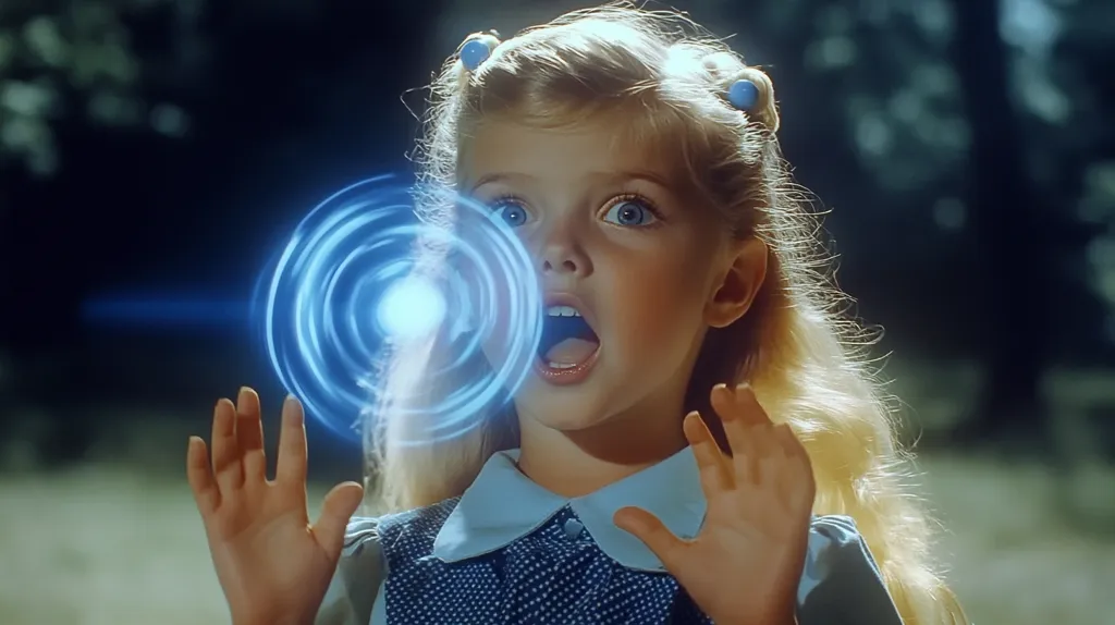 A young blonde girl with blue bows in her hair stands outdoors, her mouth agape in a look of shock or surprise.  She has fair skin and bright blue eyes. Before her, a swirling, luminous blue energy circle emanates, seemingly emanating from her hands. The background is blurred, suggesting a natural setting, possibly a forest. The overall image has a dreamlike or fantastical quality.