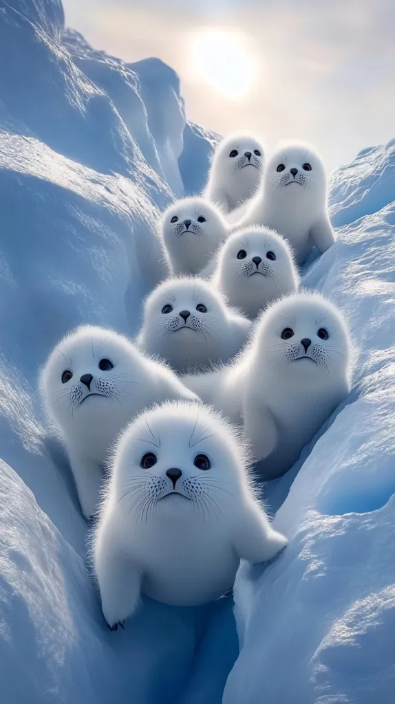 A group of adorable fluffy white seal pups huddle together in a crevice of a snow-covered icy landscape.  Their large, dark eyes and innocent expressions are captivating. The seals appear to be young, with soft, thick fur.  The scene is bright, with a hint of sunlight filtering through the icy terrain, creating a serene and charming winter wonderland.  The image evokes feelings of warmth and cuteness against the backdrop of a cold, pristine environment.