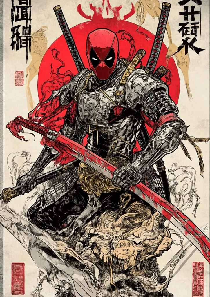 This is a striking piece of artwork depicting Deadpool as a samurai.  He's clad in ornate, metallic armor, wielding two katana swords against a backdrop of a red sun and stylized Japanese calligraphy.  His signature mask is visible, and the overall style blends Japanese ukiyo-e aesthetics with a modern comic book character. The detail is impressive, with intricate textures on the armor and a dramatic, almost ghostly figure at his feet. The color palette is primarily red, black, and white, creating a strong visual impact.