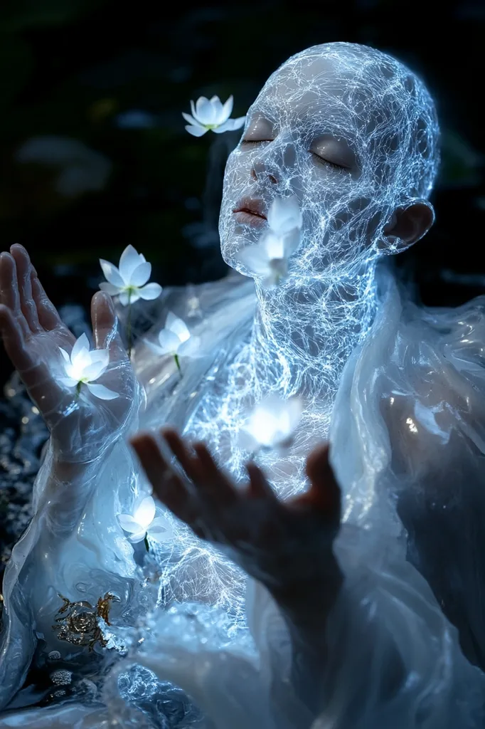 Here's a description of the image:

The image is a surreal portrait of a person, seemingly female, partially submerged in water.  Their skin is adorned with a luminous, web-like pattern, giving a futuristic or ethereal quality.  White flowers float around them, adding to the dreamlike atmosphere.  The person’s expression is serene, eyes closed, as if in a state of peaceful contemplation or connection with the water and flowers.  The overall tone is cool, with blues and whites dominating, enhancing the mystical and otherworldly feel. The translucent fabric draped over the figure adds to the sense of fluidity and otherness.