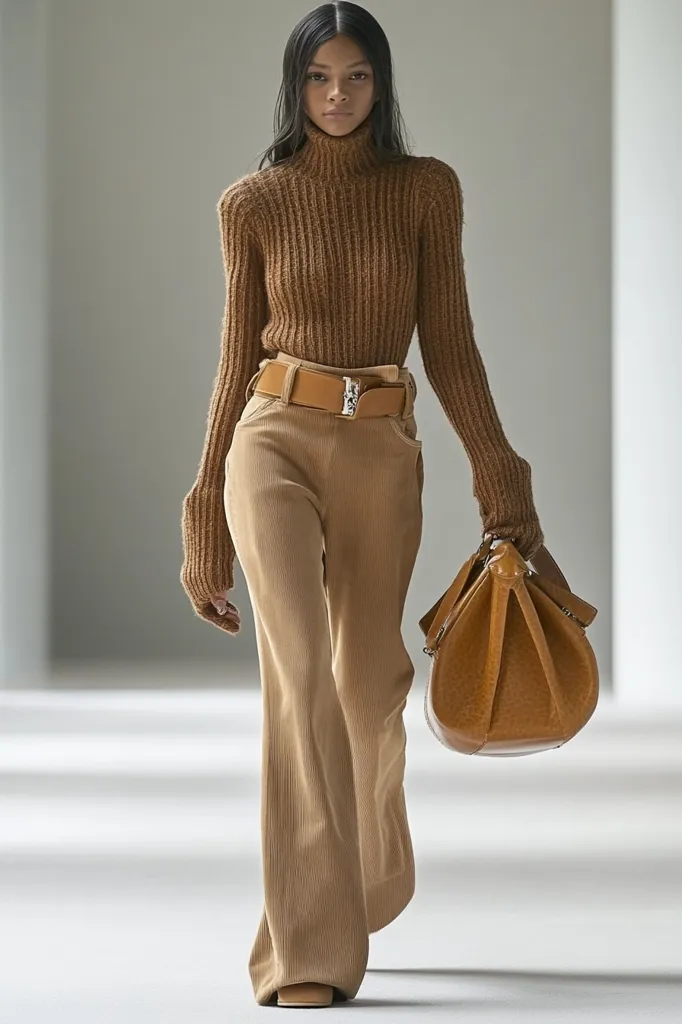 A model strides confidently down a runway, showcasing a monochromatic autumnal ensemble.  She wears a textured brown turtleneck sweater with long sleeves, paired with wide-leg corduroy pants of a similar shade. A light brown leather belt cinches her waist.  A large, structured handbag in a matching brown leather complements her outfit. The overall aesthetic is minimalist and sophisticated.