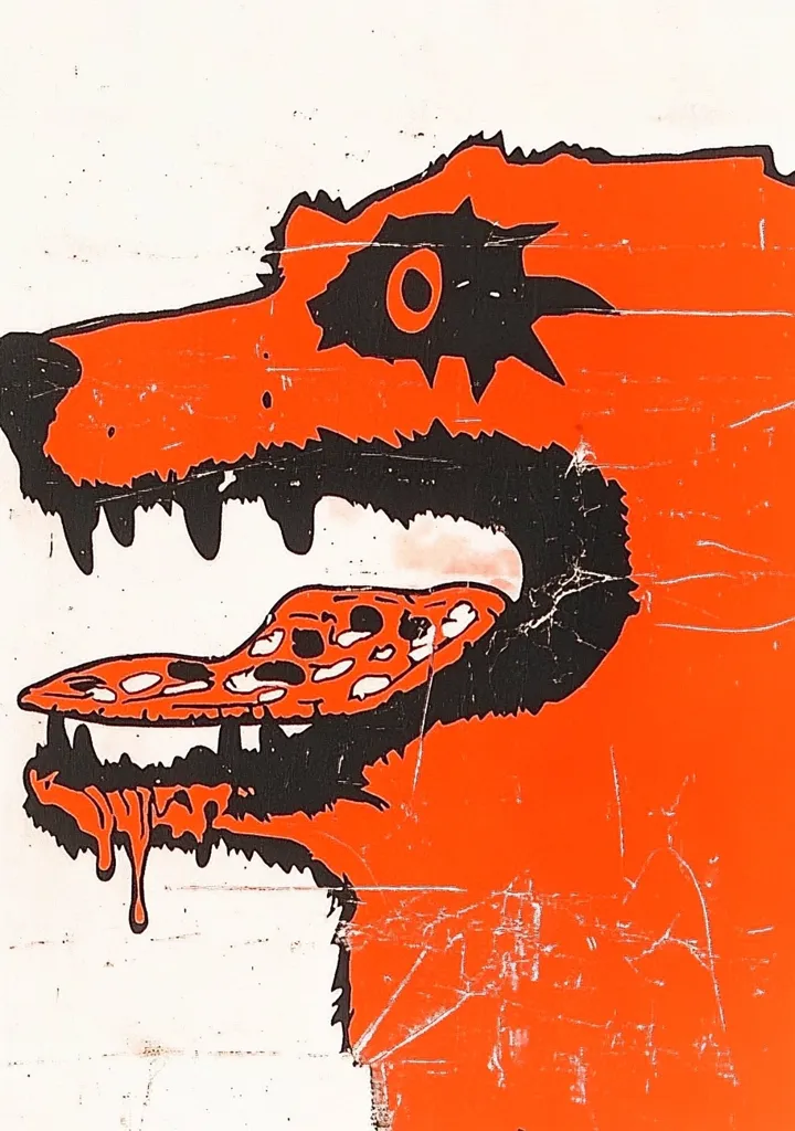 Here's a description of the image:

The image is a stylized depiction of a dog's head, possibly a wolf or fox, rendered in a bold, graphic style. The animal is primarily bright orange, with stark black outlines defining its features. Its mouth is open, revealing sharp teeth and a tongue shaped like a pizza slice, complete with individual pepperoni markings. The eye is a striking black and orange circle. The overall texture suggests a print on a weathered surface, with visible scratches and markings adding to the gritty aesthetic.  The style is reminiscent of street art or a punk rock album cover.