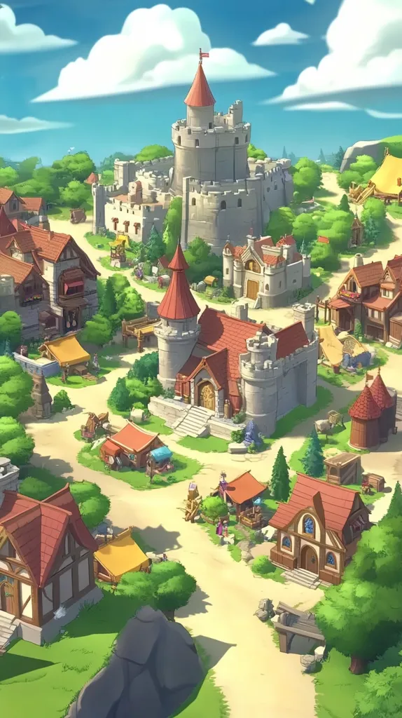 A charming illustration depicts a medieval village nestled beside a sturdy castle.  Stone buildings with red-tiled roofs line winding, sandy paths.  Small shops and market stalls are scattered throughout, and lush green trees dot the landscape. A central, larger building, possibly a town hall, stands near the castle walls. The overall style is whimsical and inviting, suggesting a peaceful and prosperous community.  A bright, sunny sky completes the idyllic scene.