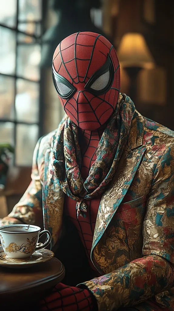 Here's a description of the image:

A close-up shot reveals Spider-Man, donned in a meticulously detailed, red and black suit, unexpectedly dressed in a luxurious, ornate gold and teal brocade jacket.  A matching patterned scarf is casually draped around his neck. He sits in a dimly lit, sophisticated setting, holding a delicate teacup and saucer on a small, dark wooden table. The background hints at a large window and a vintage ambiance. The contrast between the superhero's costume and the refined attire creates a striking and intriguing visual.