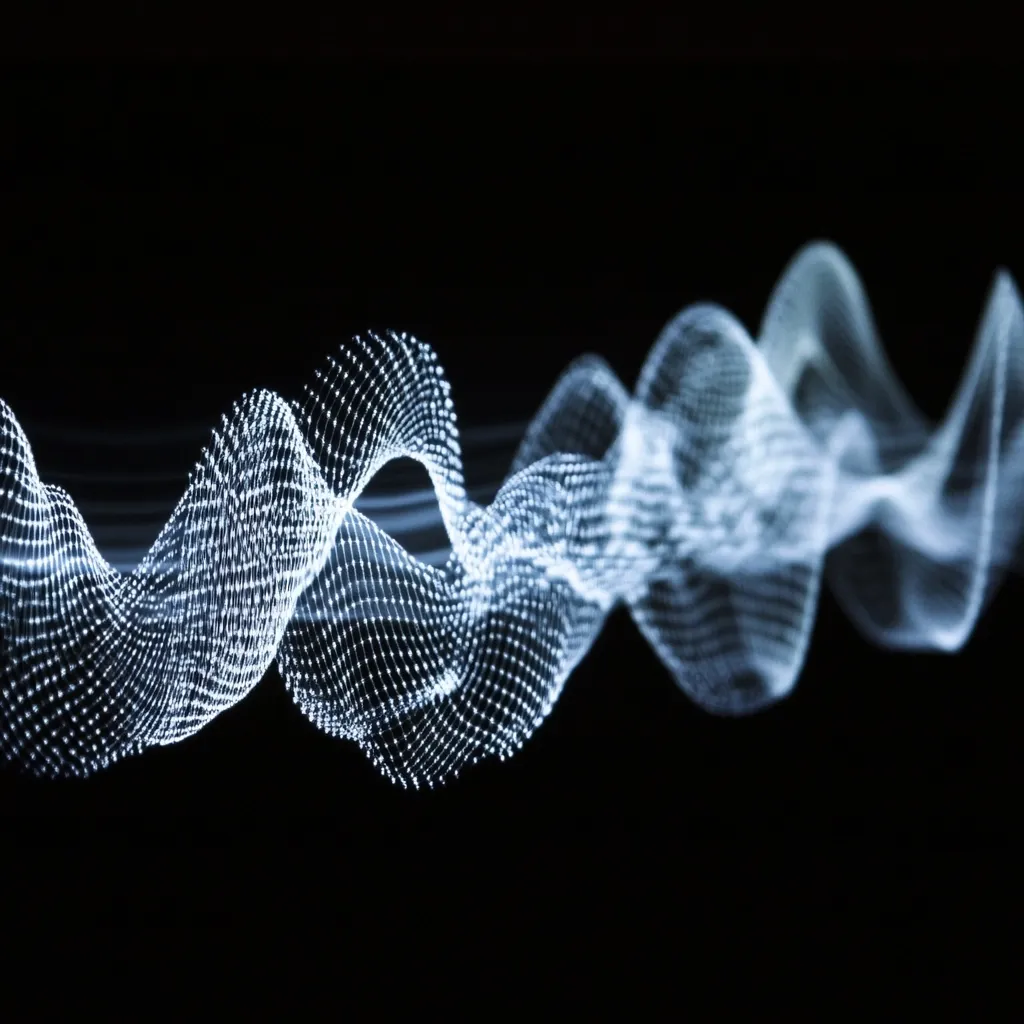 The image shows an abstract representation of a wave or energy flow.  It's a luminous, ethereal form composed of interconnected points of light, creating a delicate, net-like structure. The wave flows across the dark background, its curves and undulations suggesting movement and fluidity. The overall effect is one of elegance and subtle energy, possibly evoking concepts of data streams, sound waves, or cosmic phenomena. The cool, pale blue-white light contrasts beautifully against the deep black.