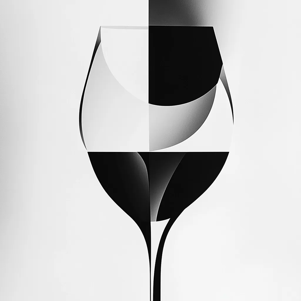 Here's a description of the image:

The image is a stylized, abstract black and white depiction of a wine glass. The glass is segmented into geometric shapes of varying shades of gray and black, creating a striking contrast against the light background. The curves of the glass are subtly suggested through the interplay of light and shadow within these shapes. The overall effect is a modern and artistic representation of a classic object, emphasizing form and composition over realism.