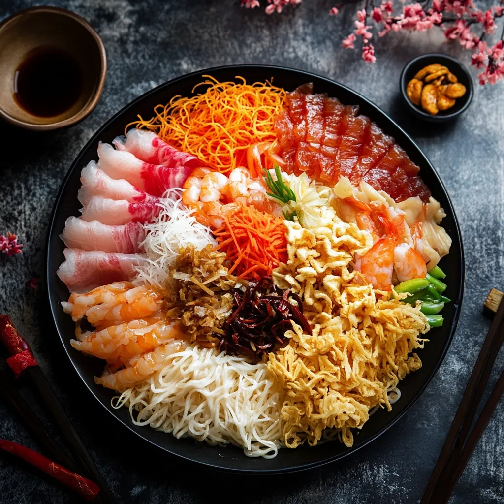 Here's a description of the image:

A vibrant and colorful Yee Sang (a traditional Chinese New Year salad) is presented on a large, black circular plate.  The salad features an array of ingredients artfully arranged, including shredded radish, shrimp, various types of fish, fried noodles, and other garnishes. The components are organized in sections, creating a visually appealing mosaic.  The plate rests on a dark, textured surface, accompanied by chopsticks and small dishes containing soy sauce and what appear to be candied nuts.  A sprig of flowering branches adds a festive touch. The overall impression is one of abundance and celebration.