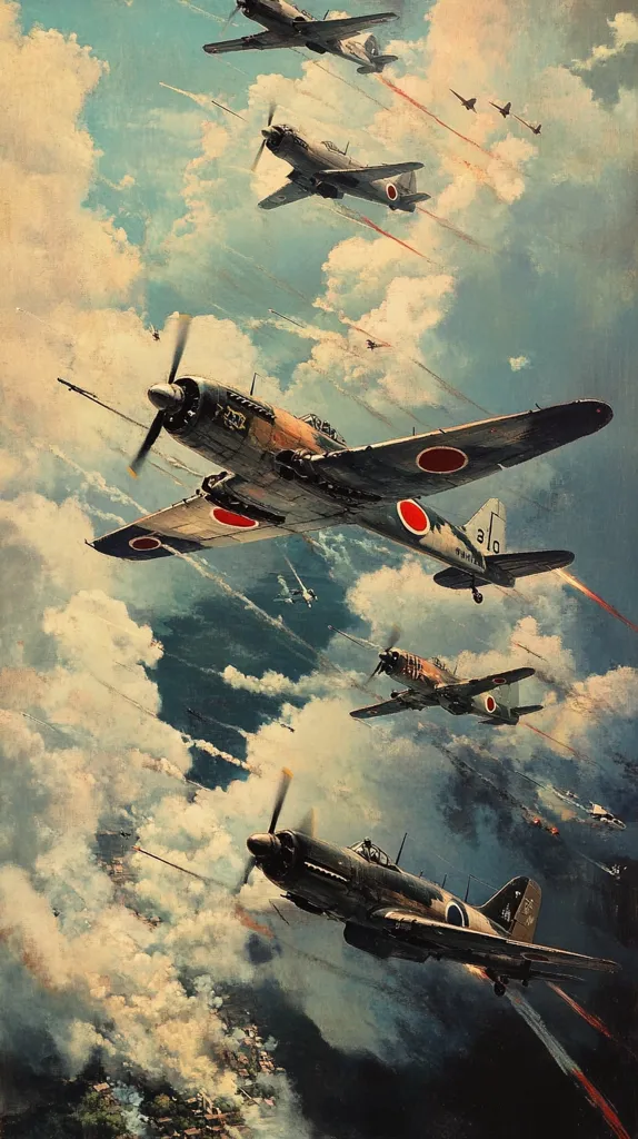 A dramatic painting depicts a squadron of Japanese fighter planes in a wartime aerial battle.  Several planes, marked with the Rising Sun insignia, are shown in flight amidst clouds and smoke, firing their weapons.  Smaller aircraft are visible in the background, suggesting a larger conflict.  The style is evocative of a historical war painting, emphasizing the action and intensity of aerial combat.  The overall palette is muted, with browns, grays, and whites dominating the scene.