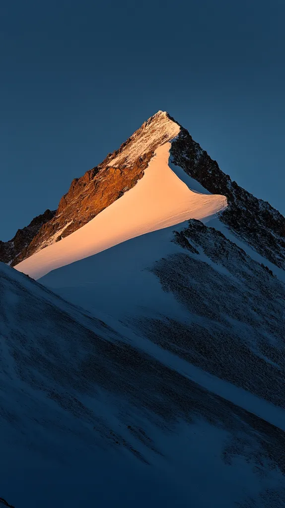 Here is a description of the image:

The image showcases a majestic, snow-capped mountain peak bathed in the warm glow of the setting sun. The peak's summit is sharply defined against a clear, deep blue twilight sky.  A significant portion of the mountain is illuminated with a soft, orange-hued light, creating a striking contrast with the darker, shadowed slopes. The snow appears smooth on the sunlit side, while the shadowed areas reveal a rougher texture and hints of rocky outcrops.  The overall scene is one of serene beauty and awe-inspiring grandeur.