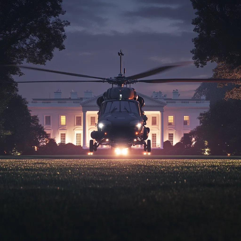 Here is a description of the image:

A black military helicopter dominates the foreground, its rotors slightly blurred, suggesting motion. It's positioned before the illuminated White House, which is subtly visible in the background under a twilight sky.  Large trees frame the scene on either side. The overall atmosphere is one of power and secrecy, heightened by the low light and the helicopter's prominent placement.  The image evokes a sense of presidential security and potentially late-night operations.